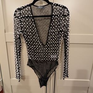 AKIRA Black Mesh Bodysuit with Pearl Embellishments